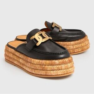 Tod’s Kate Calf Leather Raffia Platform Mules - Size 9 1/2 - New in Box